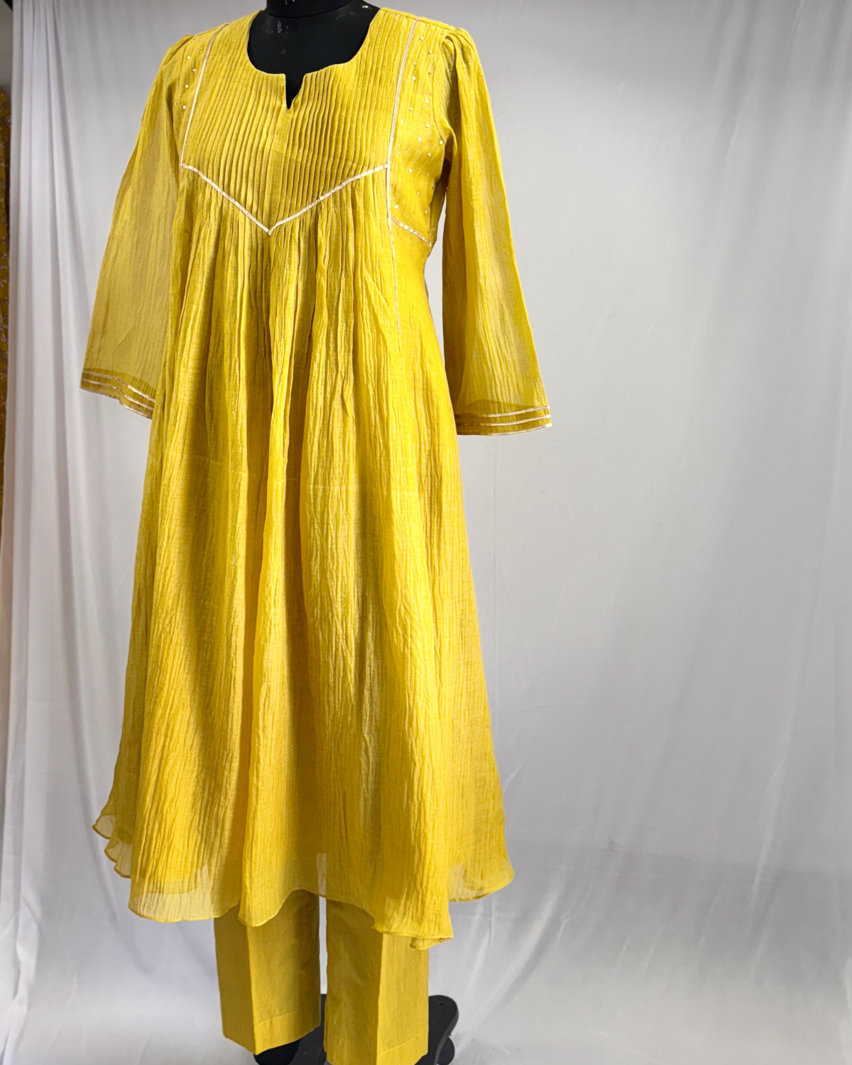 Sahiba Set- Mustard Chanderi Embroidered A-Line Kurta with Pants and Dupatta (Set of 3)